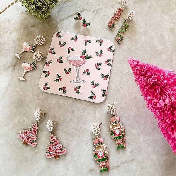 Rhinestone Christmas Tree Enamel Earrings in Pink - Picture 2 of 3